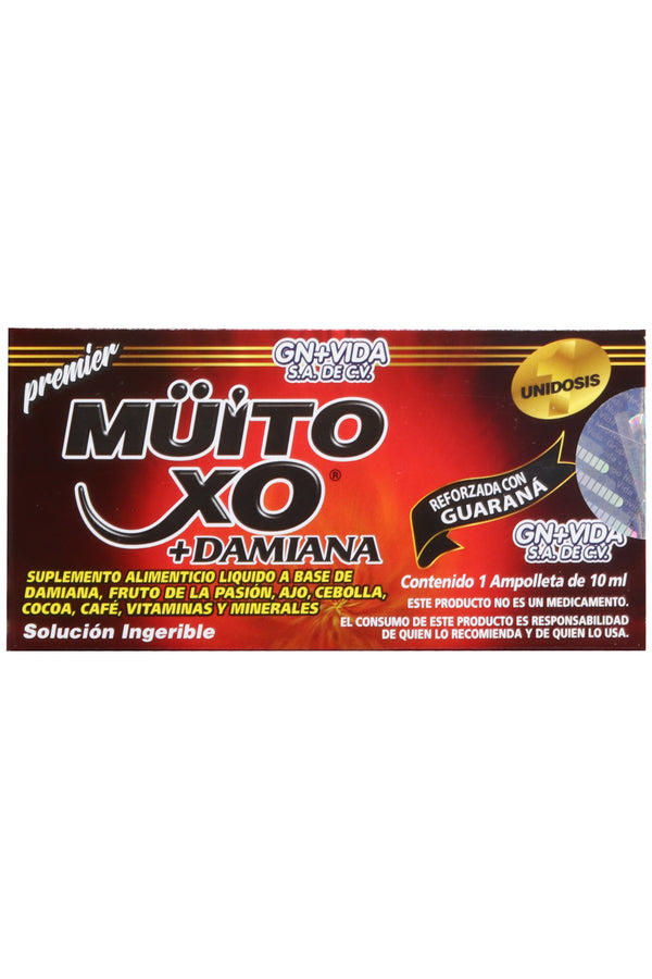 AMP. MÜITO XO PREMIER ROJA SOLUCIÓN INGERIBLE C/1 AMP. DE 10 ML C/U. REFORZADA CON GUARANA Y ADICIONADA CON DAMIANA, FRUTO DE LA PASIÓN, AJO, CEBOLLA, COCOA, CAFÉ, VITAMINAS Y MINERALES. REFORZADA CON GUARANÁ.