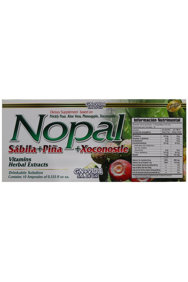 AMP. NOPAL SABILA + PIÑA + XOCONOSTLE SOLUCIÓN INGERIBLE C/10 AMP. DE 10 ML C/U. VITAMINAS + EXTRACTOS HERBALES.