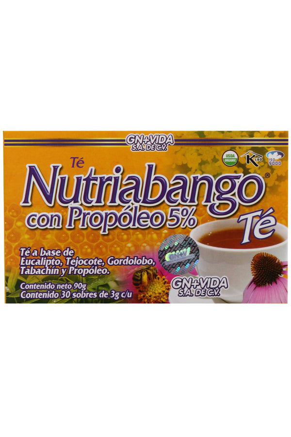 TÉ NUTRIABANGO CON PROPOLEO 5% C/30 SOBRES DE 3 GR C/U. TÉ A BASE DE EUCALIPTO, TEJOCOTE, GORDOLOBO, TABACHÍN Y PROPÓLEO. CERTIFICADO DE CALIDAD HARPC.