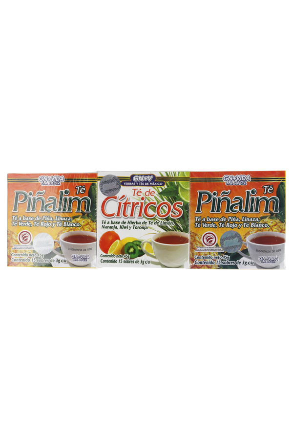 OFERTA 1 TÉ CITRICOS C/15 SOB DE 3 GR C/U + 2 TÉ PIÑALIM TÉ A BASE DE PIÑA, LINAZA, TÉ VERDE, TÉ ROJO Y TÉ BLANCO C/15 SOB DE 3 GR C/U