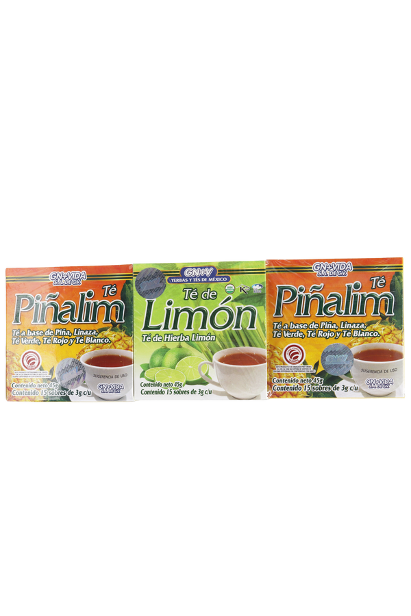 OFERTA 1 TÉ LIMÓN C/15 SOB DE 3 GR C/U + 2 TÉ PIÑALIM TÉ A BASE DE PIÑA, LINAZA, TÉ VERDE, TÉ ROJO Y TÉ BLANCO C/15 SOB DE 3 GR C/U