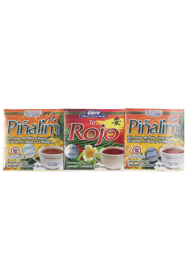 OFERTA 1 TÉ ROJO C/15 SOB DE 3 GR C/U + 2 TÉ PIÑALIM TÉ A BASE DE PIÑA, LINAZA, TÉ VERDE, TÉ ROJO Y TÉ BLANCO C/15 SOB DE 3 GR C/U