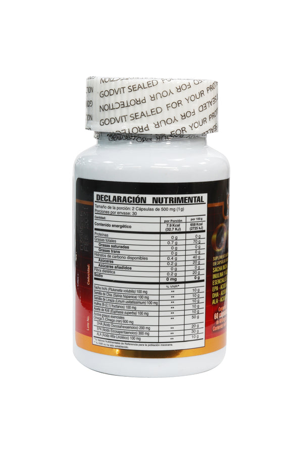 CAPS. OMEGA 3000 C/60 DE 600 MG C/U. A BASE DE SACHI INCHI, CHÍA, LINAZA, INULINA Y ÁCIDOS GRASOS ESENCIALES OMEGA 3: EPA- ÁCIDO EICOSAPENTANOICO, DHA- ÁCIDO DOCOSAHEXAENOICO, ALA- ÁCIDO ALFA-LINOLÉICO. ADICIONADO CON ACEITE DE KRILL.