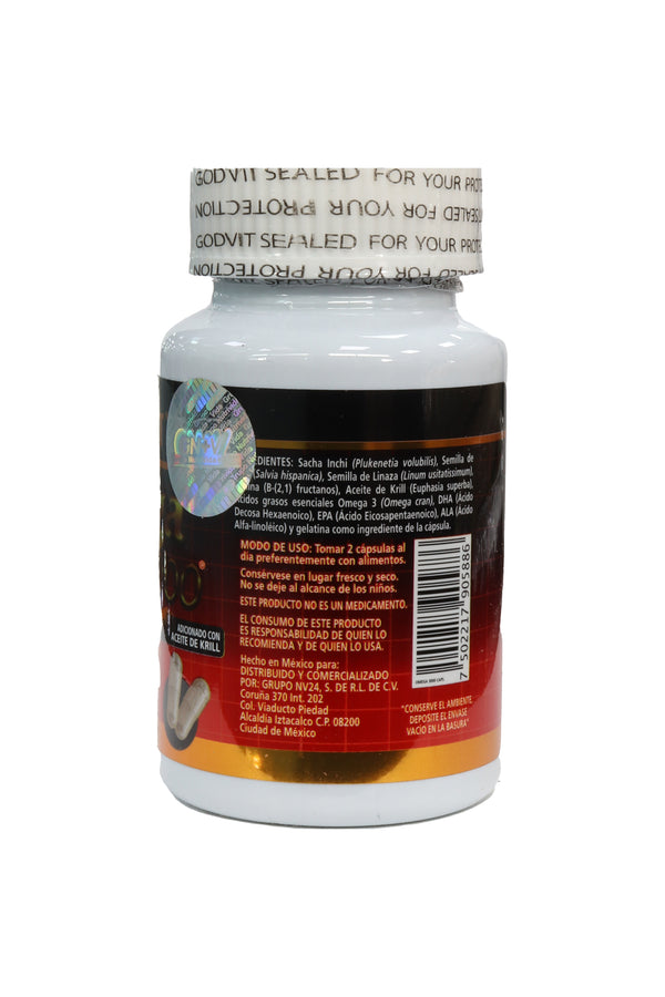 CAPS. OMEGA 3000 C/60 DE 600 MG C/U. A BASE DE SACHI INCHI, CHÍA, LINAZA, INULINA Y ÁCIDOS GRASOS ESENCIALES OMEGA 3: EPA- ÁCIDO EICOSAPENTANOICO, DHA- ÁCIDO DOCOSAHEXAENOICO, ALA- ÁCIDO ALFA-LINOLÉICO. ADICIONADO CON ACEITE DE KRILL.