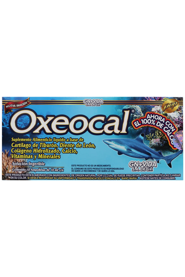 AMP. OXEOCAL SOLUCIÓN INGERIBLE C/10 AMP. DE 10 ML C/U. CON CARTÍLAGO DE TIBURÓN, DIENTE DE LEÓN, COLÁGENO HIDROLIZADO, CALCIO, VITAMINAS Y MINERALES. AHORA CON EL 100% DE CALCIO.