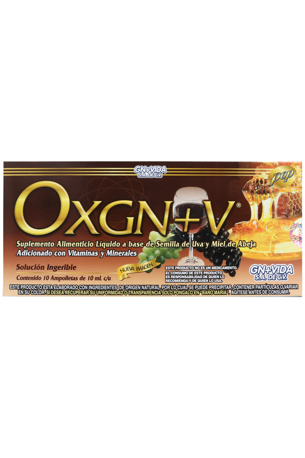 AMP. OXGN+V SOLUCIÓN INGERIBLE C/10 AMP. DE 10 ML C/U. A BASE DE SEMILLA DE UVA, MIEL DE ABEJA, VITAMINAS Y MINERALES.
