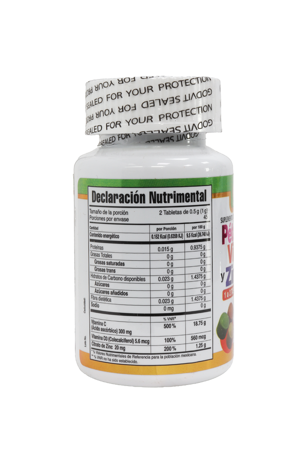 TBS. PÉTALOS DE ROSA , VITAMINA C Y ZINC C/90 DE 500 MG, SABOR CÍTRICOS (MASTICABLES). ADICIONADA CON VITAMINA D3.