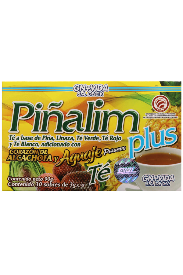 TÉ PIÑALIM PLUS C/30 SOBRES DE 3 GR C/U . TÉ A BASE DE PIÑA, LINAZA, TÉ VERDE, TÉ ROJO Y TÉ BLANCO. ADICIONADO CON CORAZÓN DE ALCACHOFA Y AGUAJE PERUANO. CERTIFICADO DE CALIDAD HARPC.