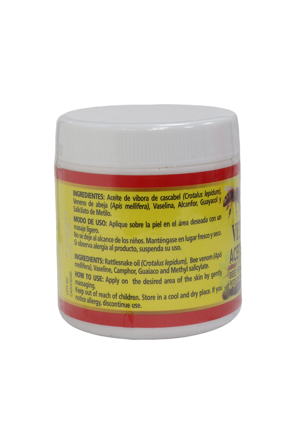 POMADA CORPORAL CON FORMULACIÓN HERBAL TRADICIONAL VENENO DE ABEJA CON ACEITE DE VÍBORA DE CASCABEL C/ 125 GR. BEE VENOM WITH RATTLESNAKE OIL BODY OINTMENT WITH TRADITIONAL HERBAL FORMULATION.