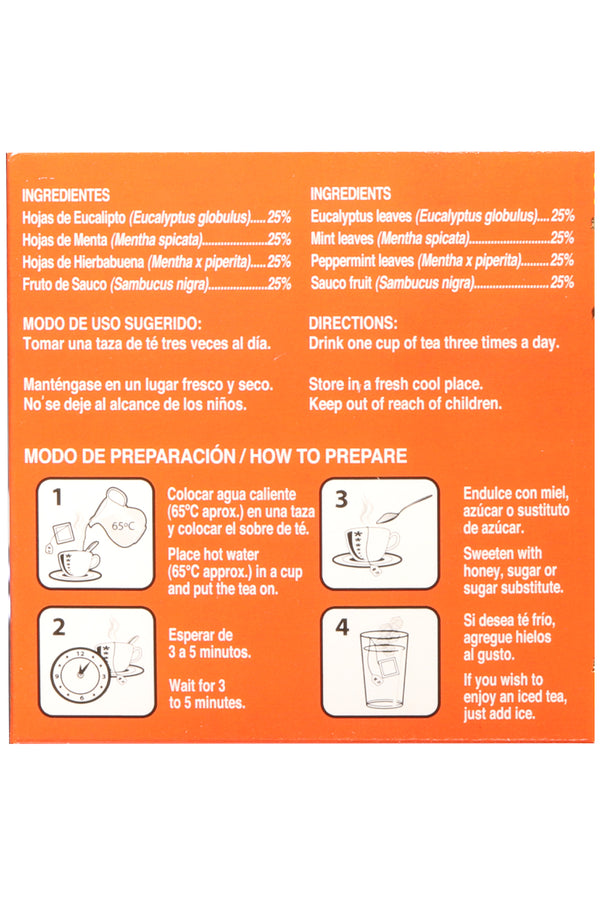 TÉ PUL-CALCIO C/30 SOBRES DE 3 GR C/U. TÉ A BASE DE EUCALIPTO, MENTA, HIERBABUENA Y SAUCO. CERTIFICADO DE CALIDAD HARPC.