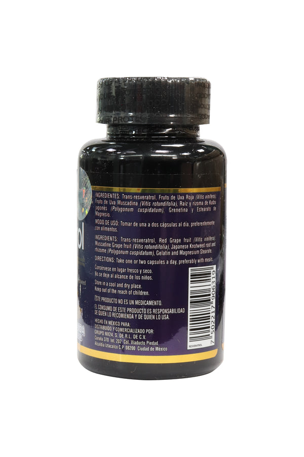 CAPS. RESVERATROL C/60 DE 700MG C/U. ADICIONADO CON UVA ROJA, UVA MUSCADINA Y KUDZÚ JAPONÉS.