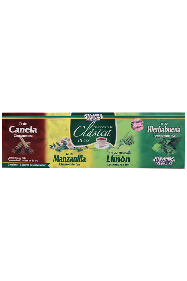 TÉ CLÁSICA PLUS C/60 SOBRES DE 3 G C/U. CON 15 SOBRES DE CADA SABOR CANELA, MANZANILLA, HIERBA DE LIMÓN Y HIERBABUENA. CERTIFICADO DE CALIDAD HARPC.