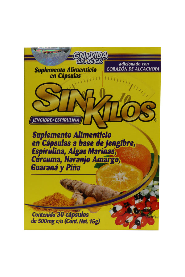 CAPS. SIN KILOS C/30 DE 500 MG C/U. A BASE DE JENGIBRE, ESPIRULINA, ALGAS MARINAS, CÚRCUMA, NARANJO AMARGO, GUARANÁ Y PIÑA. ADICIONADO CON CORAZÓN DE ALCACHOFA.