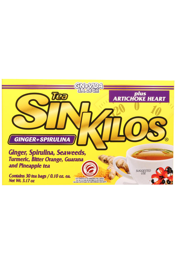 TÉ SIN KILOS C/30 SOBRES DE 3 GR C/U. TÉ A BASE DE JENGIBRE , ESPIRULINA, ALGAS MARINAS, CÚRCUMA, NARANJO AMARGO, GUARANÁ Y PIÑA. ADICIONADO CON CORAZÓN DE ALCACHOFA. CERTIFICADO DE CALIDAD HARPC.