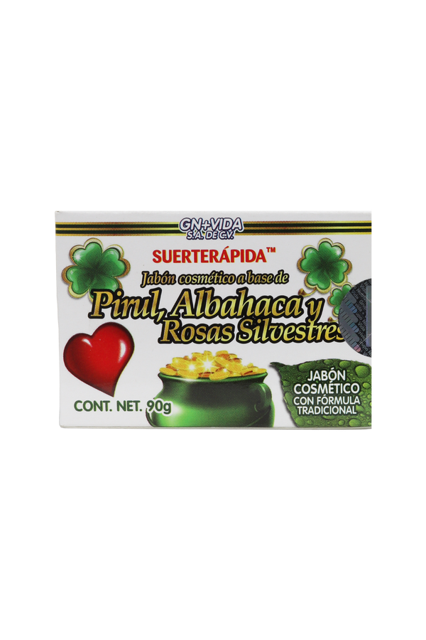 JABÓN COSMÉTICO SUERTERÁPIDA A BASE DE DE PIRUL, ALBAHACA Y ROSAS SILVESTRES C/90 GR. JABÓN COSMÉTICO CON FÓRMULA TRADICIONAL.