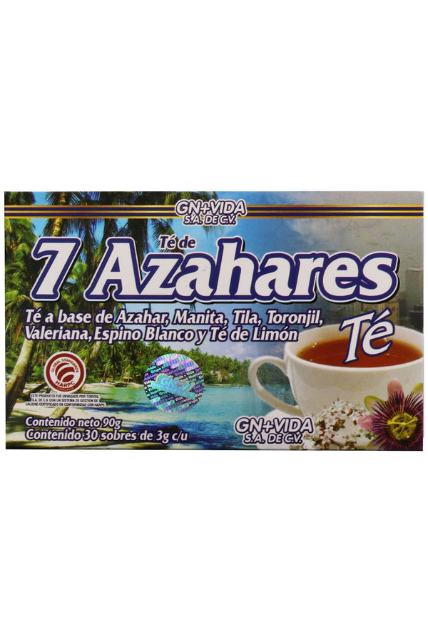 TÉ 7 AZAHARES C/30 SOBRES DE 3GR C/U. TÉ A BASE DE AZAHAR, MANITA, TILA, TORONJIL, VALERIANA, ESPINO BLANCO Y TÉ DE LIMÓN. CERTIFICADO DE CALIDAD HARPC.