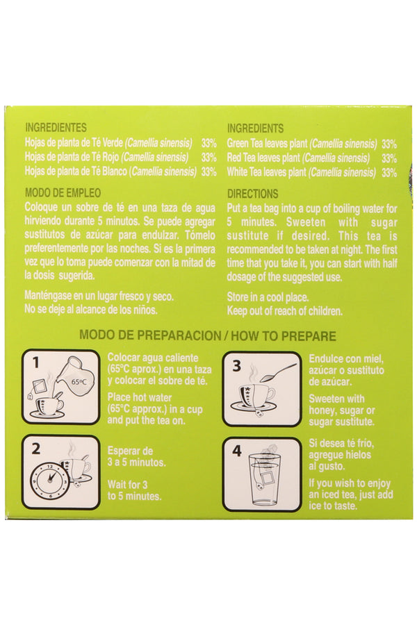 TÉ SANTA BÁRBARA C/30 SOBRES DE 3GR C/U. TÉ A BASE DE TÉ VERDE, TÉ ROJO Y TÉ BLANCO. CERTIFICADO DE CALIDAD HARPC.