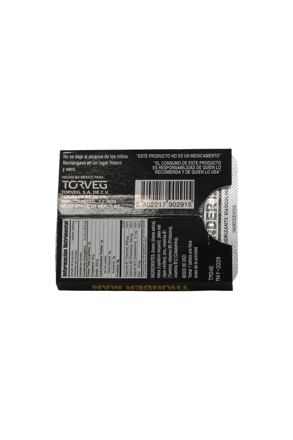 TBS. THUNDER MAN ORIGINAL C/4 DE 500 MG C/U. VIGORIZANTE MASCULINO A BASE DE AVENA SATIVA, MACA, JALEA REAL, ZINC Y VITAMINAS.