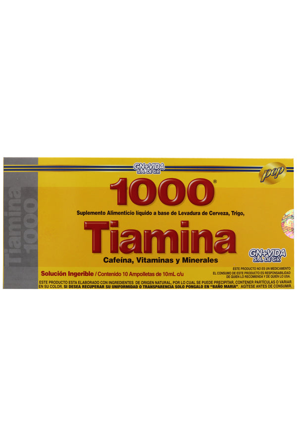 AMP. TIAMINA 1000 SOLUCIÓN INGERIBLE C/10 AMP. DE 10 ML. LEVADURA DE CERVEZA, TRIGO, CAFEÍNA, VITAMINAS Y MIENRALES
