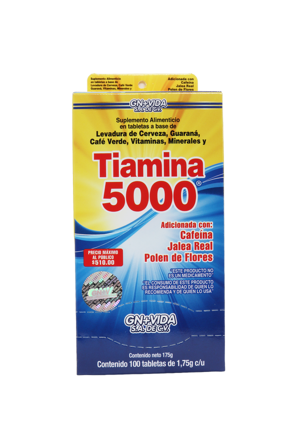 TBS. TIAMINA 5000 C/100 de 1.75 GR. C/U. A BASE DE LEVADURA DE CERVEZA, GUARANÁ, CAFÉ VERDE, VITAMINAS Y MINERALES. ADICIONADO CON CAFEÍNA, JALEA REAL Y POLEN DE FLORES.