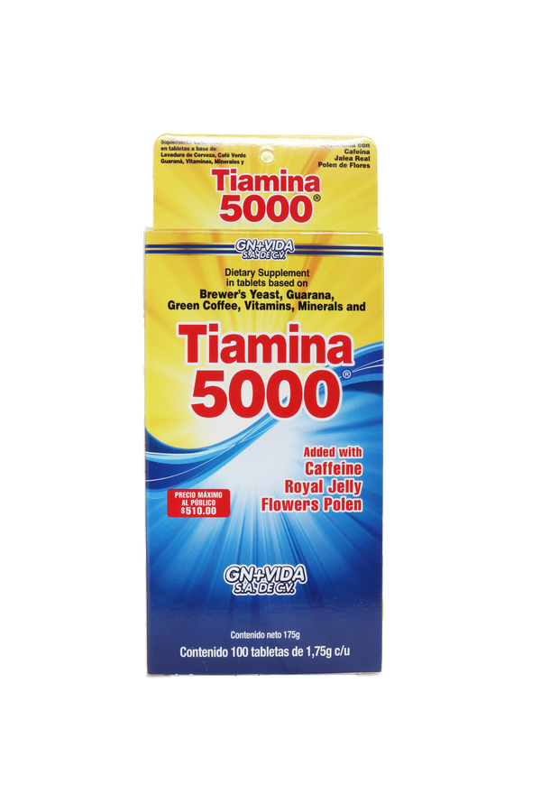 TBS. TIAMINA 5000 C/100 de 1.75 GR. C/U. A BASE DE LEVADURA DE CERVEZA, GUARANÁ, CAFÉ VERDE, VITAMINAS Y MINERALES. ADICIONADO CON CAFEÍNA, JALEA REAL Y POLEN DE FLORES.