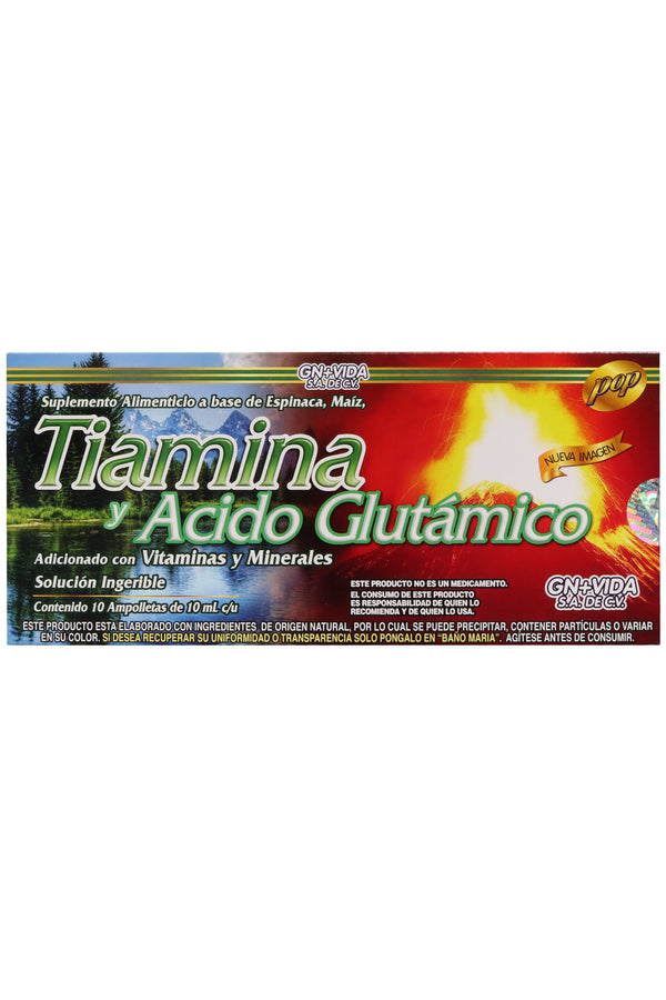 AMP. TIAMINA Y ACIDO GLUTAMICO SOLUCIÓN INGERIBLE C/10 AMP. DE 10 ML. ADICIONADO CON VITAMINAS Y MINERALES.