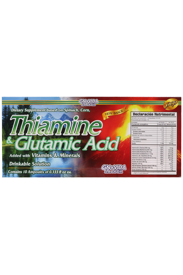 AMP. TIAMINA Y ACIDO GLUTAMICO SOLUCIÓN INGERIBLE C/10 AMP. DE 10 ML. ADICIONADO CON VITAMINAS Y MINERALES.