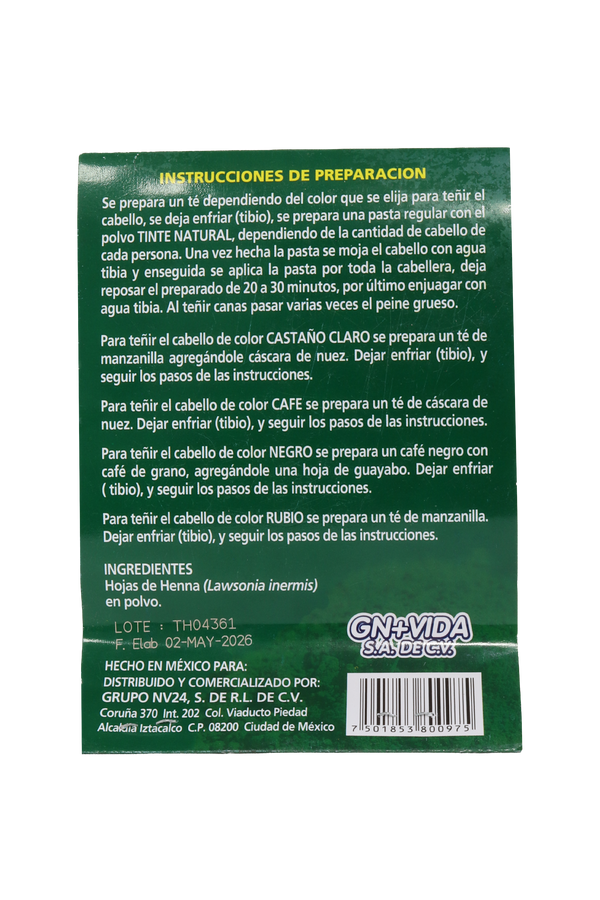 TINTE DE HENNA EN POLVO PARA CABELLO C/75 GR.