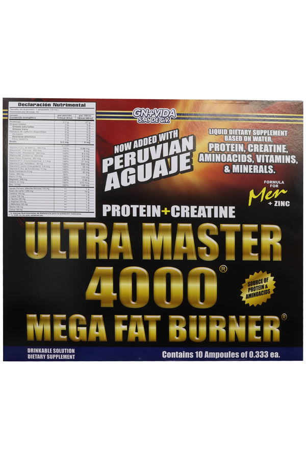 AMP. ULTRA MASTER 4000 HOMBRE SOLUCIÓN INGERIBLE C/10 AMP. DE 10 ML. C/U AHORA ADICIONADA CON AGUAJE PERUANO, PROTEINA, CREATINA, AMINOACIDOS, VITAMINAS, MINERALES Y CAFEINA + ZINC.