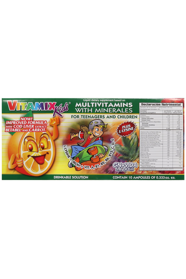 AMP. VITAMIX KIDS SOLUCION INGERIBLE C/10AMP. DE 10 ML L-LISINA, HIERRO, VIT. A, B1, B2, B6, B12,C, D, E AHORA MEJORADA CON EXTRACTO DE HÍGADO DE BACALAO BETABEL Y ZANAHORIA.