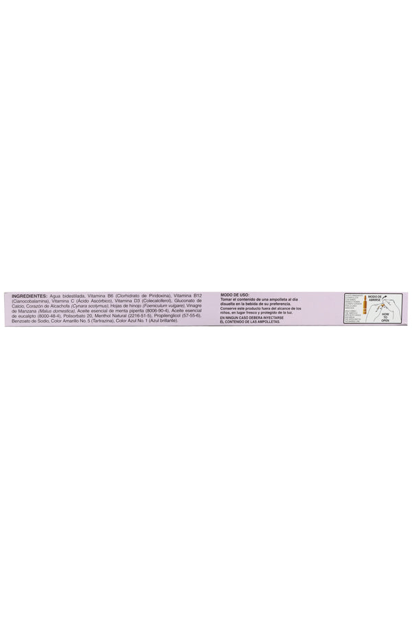 AMP. CORAZÓN DE ALCACHOFA SOLUCIÓN INGERIBLE C/10 AMP. DE 10 ML C/U. CORAZÓN DE ALCACHOFA, HOJAS DE HINOJO, VINAGRE DE MANZANA, VITAMINAS Y MINERALES. AHORA CON BROMELINA Y GUARANA