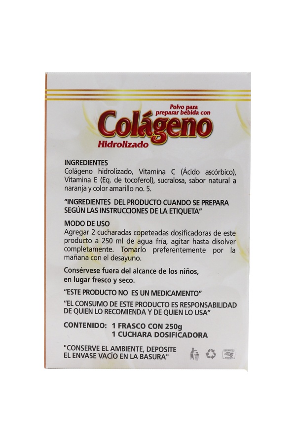 POLVO PARA PREPARAR BEBIDA CON COLAGENO HIDROLIZADO CON VITAMINA E Y VITAMINA C C/250 GR. SABOR NARANJA. NUEVA IMAGEN.