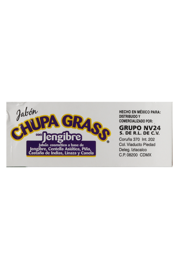 JABON CHUPAGRASS CON JENGIBRE C/90 GR. JABÓN COSMÉTICO A BASE DE JENGIBRE, CENTELLA ASIÁTICA, PIÑA, CASTAÑO DE INDIAS, LINAZA Y CANELA. EFECTO TERMOGÉNICO.