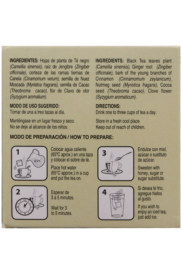 TÉ CHAI C/30 SOBRES DE 3GR C/U. TÉ A BASE DE MEZCLA DE TÉ NEGRO, JENGIBRE, CANELA, CACAO, NUEZ MOSCADA Y CLAVO DE OLOR. CERTIFICADO DE CALIDAD HARPC.