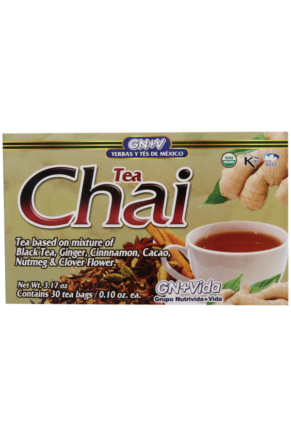 TÉ CHAI C/30 SOBRES DE 3GR C/U. TÉ A BASE DE MEZCLA DE TÉ NEGRO, JENGIBRE, CANELA, CACAO, NUEZ MOSCADA Y CLAVO DE OLOR. CERTIFICADO DE CALIDAD HARPC.