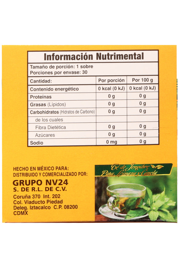 TÉ JENGIBRIM C/30 SOBRES DE 3GR C/U. TÉ A BASE DE RAÍZ DE JENGIBRE. PIÑA, LINAZA Y CANELA.