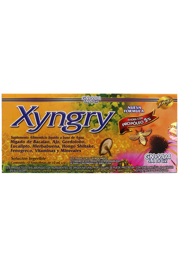 AMP. XYNGRY SOLUCION INGERIBLE C/10AMP. DE 10 ML C/U. HIGADO DE BACALAO, AJO, GORDOLOBO, EUCALIPTO, HIERBABUENA, HONGO SHITAKE, FENOGRECO, VITAMINAS Y MINERALES; AHORA CON PROPOLEO 5%