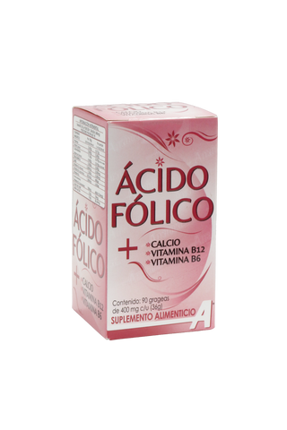 GRAGEAS ÁCIDO FÓLICO C/90 DE 400 MG C/U. ADICIONADO CON CALCIO, VITAMINA B12 Y VITAMINA B6.
