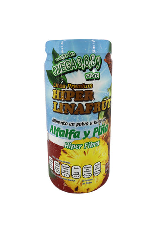 POLVO LÍNEA PREMIUM HIPER LINAFRUT ALFALFA Y PIÑA CON 500GR. CON OMEGA 3, 6, 9 Y ALTO EN FIBRA.