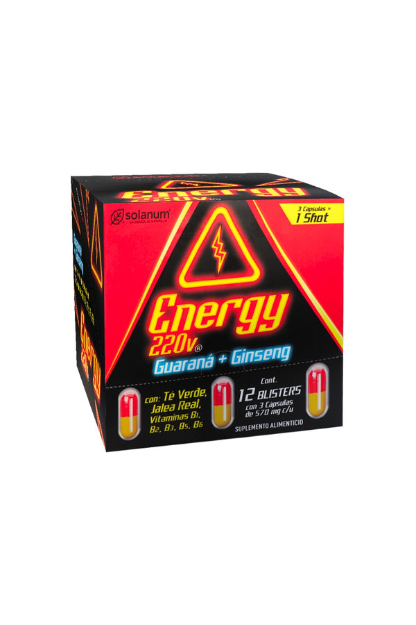 ENERGY 220V  GUARANA+GINSENG C/12 BLISTER C/3 CAPS 570mg c/te verde, jalea real,  vitaminas B1,B2,B3,B5,B6 1X16*