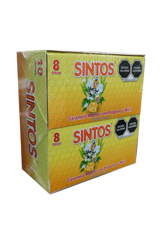 CARAMELO SINTOS CAJA C/10 BLISTERS DE 8 PZ C/U CON 28 GR. CARAMELO MACIZO CON PRÓPOLEO Y MIEL.