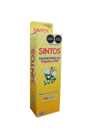 EXHIBIDOR DE CARAMELO SIN TOS C/ 12 CAJAS DE 60 GR C/U. CARAMELO MACIZO CON PROPÓLEO Y MIEL.