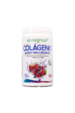 POLVO DEMOGRASS COLÁGENO + ÁCIDO HIALURÓNICO 500 GR SABOR FRUTOS ROJOS. ADICIONADO CON GLUCOSAMINA, CONDROITINA, CÚRCUMA, VITAMINA C Y MSM.