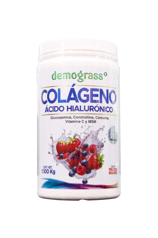 POLVO DEMOGRASS COLÁGENO + ÁCIDO HIALURÓNICO 1.1 KG SABOR FRUTOS ROJOS. ADICIONADO CON GLUCOSAMINA, CONDROITINA, CÚRCUMA, VITAMINA C Y MSM.