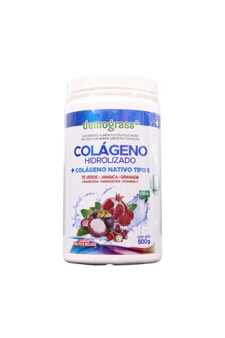 POLVO DEMOGRASS COLÁGENO HIDROLIZADO+ COLÁGENO NATIVO TIPO II .500 GR SABOR FRUTOS ROJOS.  TÉ VERDE, JAMAICA, GRANADA, FRAMBUESA, MANGOSTAN Y VIT C.