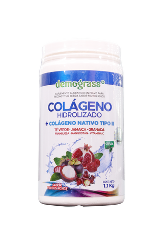 POLVO DEMOGRASS COLÁGENO HIDROLIZADO+ COLÁGENO NATIVO TIPO II . 1.1 KG SABOR FRUTOS ROJOS.  TÉ VERDE, JAMAICA, GRANADA, FRAMBUESA, MANGOSTAN Y VIT C