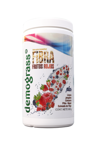 POLVO DEMOGRASS PARA RECONSTITUIR FIBRA FRUTOS ROJOS PLUS C/ 500 GR  CON LINAZA, JENGIBRE, CÚCUMA, PIÑA NOPAL Y SALVADO DE TRIGO.