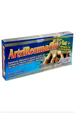 AMP. ARTRIREUMAFIN PLUS  SOLUCIÓN INGERIBLE C/10 AMP. DE 10 ML C/U.  CARTÍLAGO DE TIBURÓN, COLÁGENO HIDROLIZADO, AJO, FENOGRECO, YUCCA, ALFALFA,  VITAMINAS Y MINERALES. ADICIONADO CON COLÁGENO TIPO II.