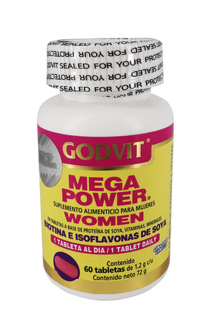 TBS. MEGAPOWER WOMAN C/60 DE 1.2 GR C/U. A BASE DE PROTEÍNA DE SOYA, VITAMINAS, MINERALES, BIOTINA E ISOFLAVONAS DE SOYA.