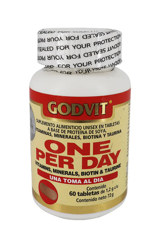 TBS. ONE PER DAY C/60 DE 1.2 GR C/U. A BASE DE PROTEÍNA DE SOYA, VITAMINAS, MINERALES, BIOTINA Y TAURINA.